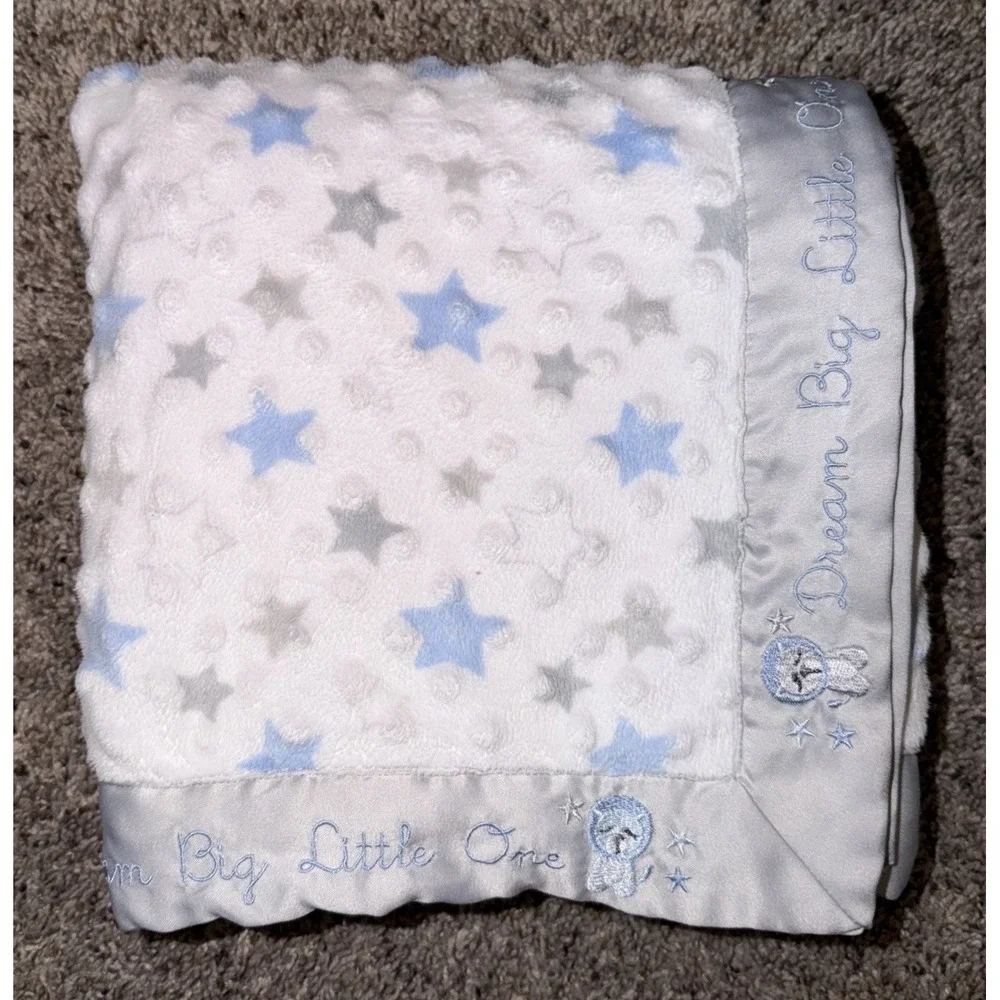 Just Born Baby Blanket Dream Big Little One Blue Gray Stars Minky Matte Satin